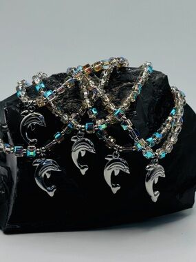 *ANKLET* Silver Dolphin with AB Sunset Crystal Stretchy Anklet